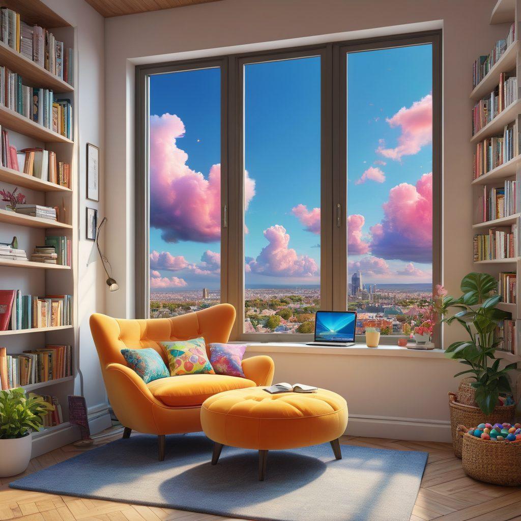A vibrant digital workspace showcasing a cozy reading nook with a plush armchair piled with colorful jellybean-themed pillows. A sleek laptop displaying the Jellyneo website is open, surrounded by books and articles. A window reveals a sunny day outside with jellybean clouds in the sky. Brightly colored jellybeans of various shapes and sizes float around, symbolizing news and articles. super-realistic. vibrant colors. cozy atmosphere.
