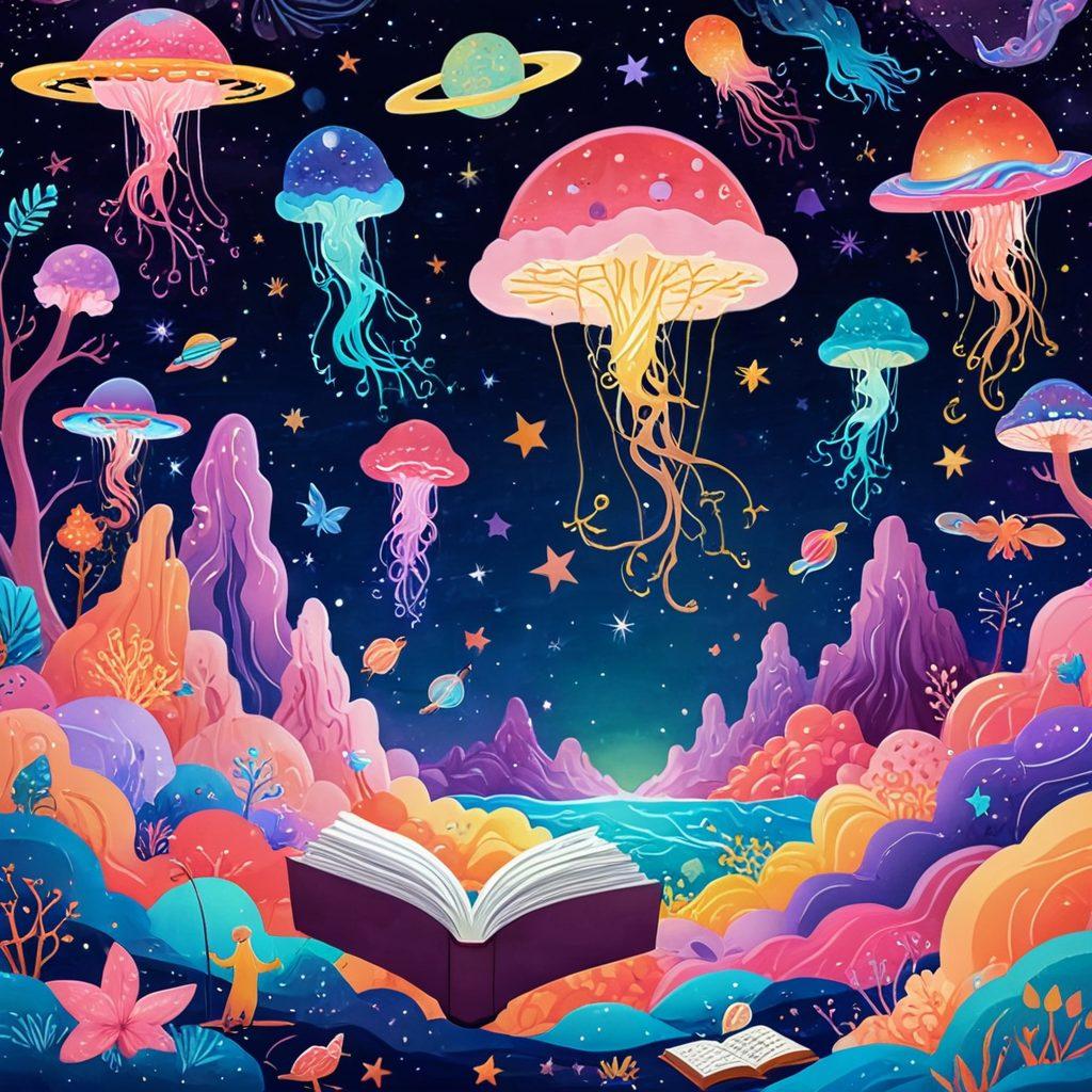 An imaginative scene showcasing a vibrant universe filled with colorful jelly-like creatures passionately sharing creative content, surrounded by swirling galaxies and whimsical landscapes. Highlight elements like open books, glowing screens, and artistic tools swirling around, depicting collaboration and creativity. Incorporate a blend of dreamy pastel colors and neon accents to enhance the enchanting atmosphere. digital illustration. vibrant colors. whimsical style.