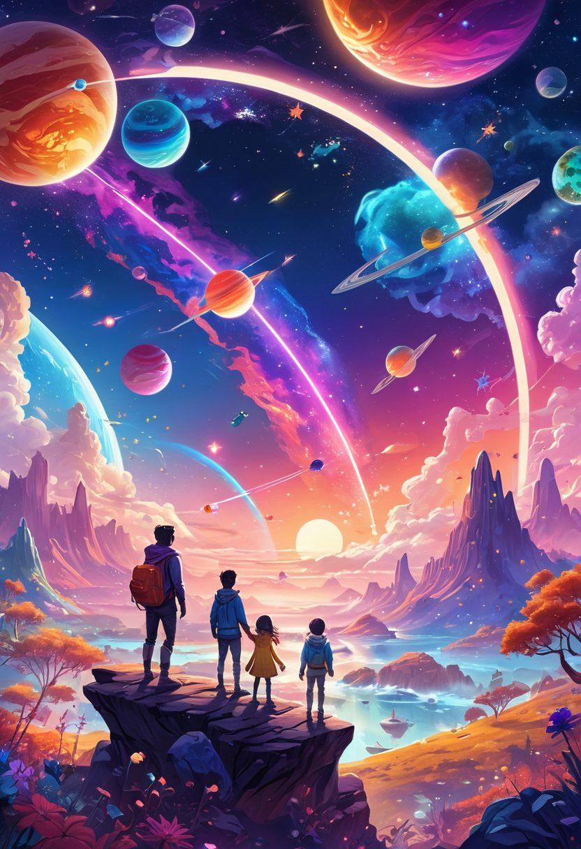 A whimsical, vibrant illustration of a colorful universe filled with jelly-like planets and playful characters engaging in various gaming activities. Include elements of a community gathering, showcasing diverse avatars sharing news and gaming tips. The backdrop should feature a starry sky with bright constellations representing different games. Incorporate dynamic energy and joy into the scene. digital art. vibrant colors. fantasy style.